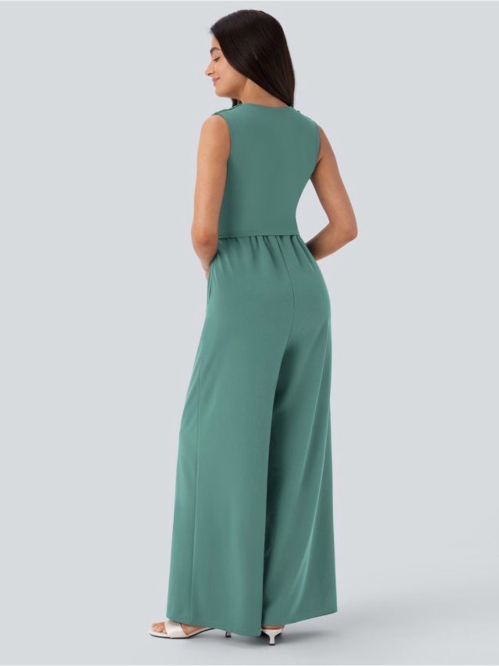 Halara V Neck Sleeveless Ruched Pocket Jumpsuit-Easy Peezy Oil Blue NEW M - Picture 2 of 7
